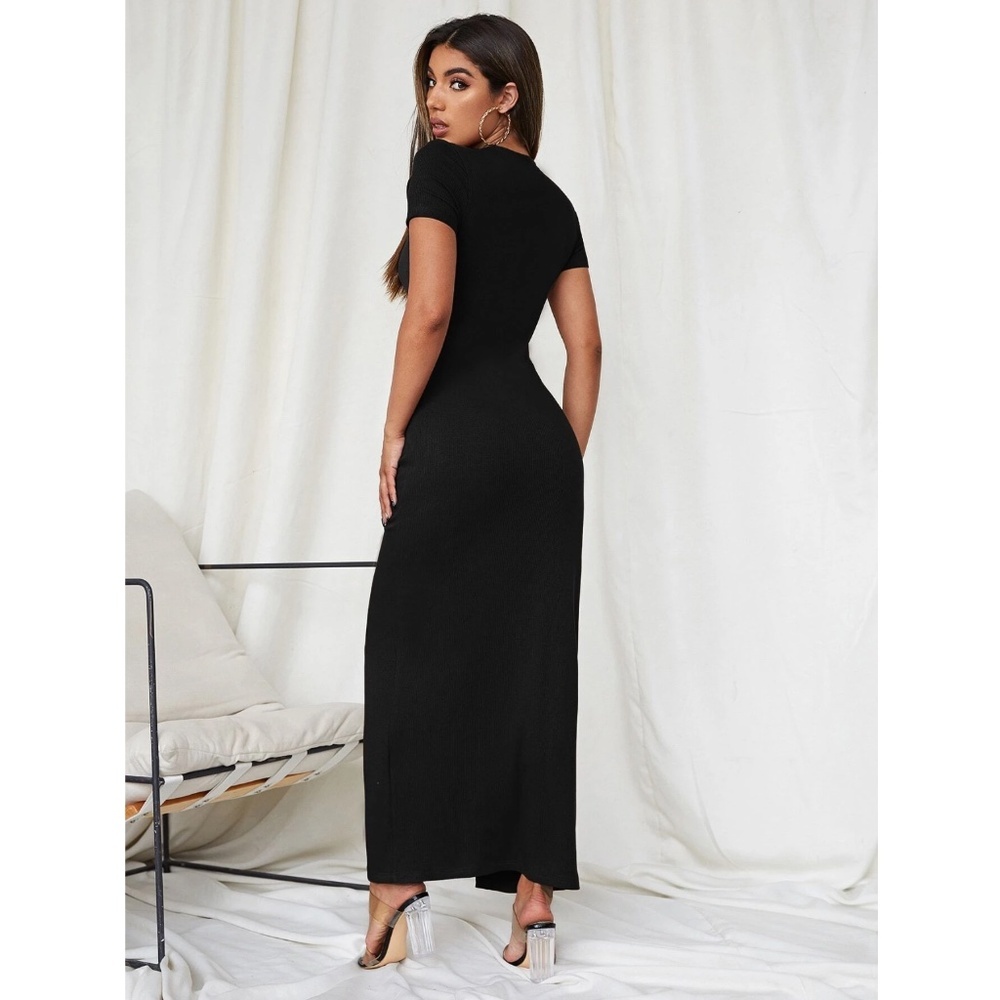 Black Rib Knit Button Down Short Sleeve Long Dress - Picture 5 of 7